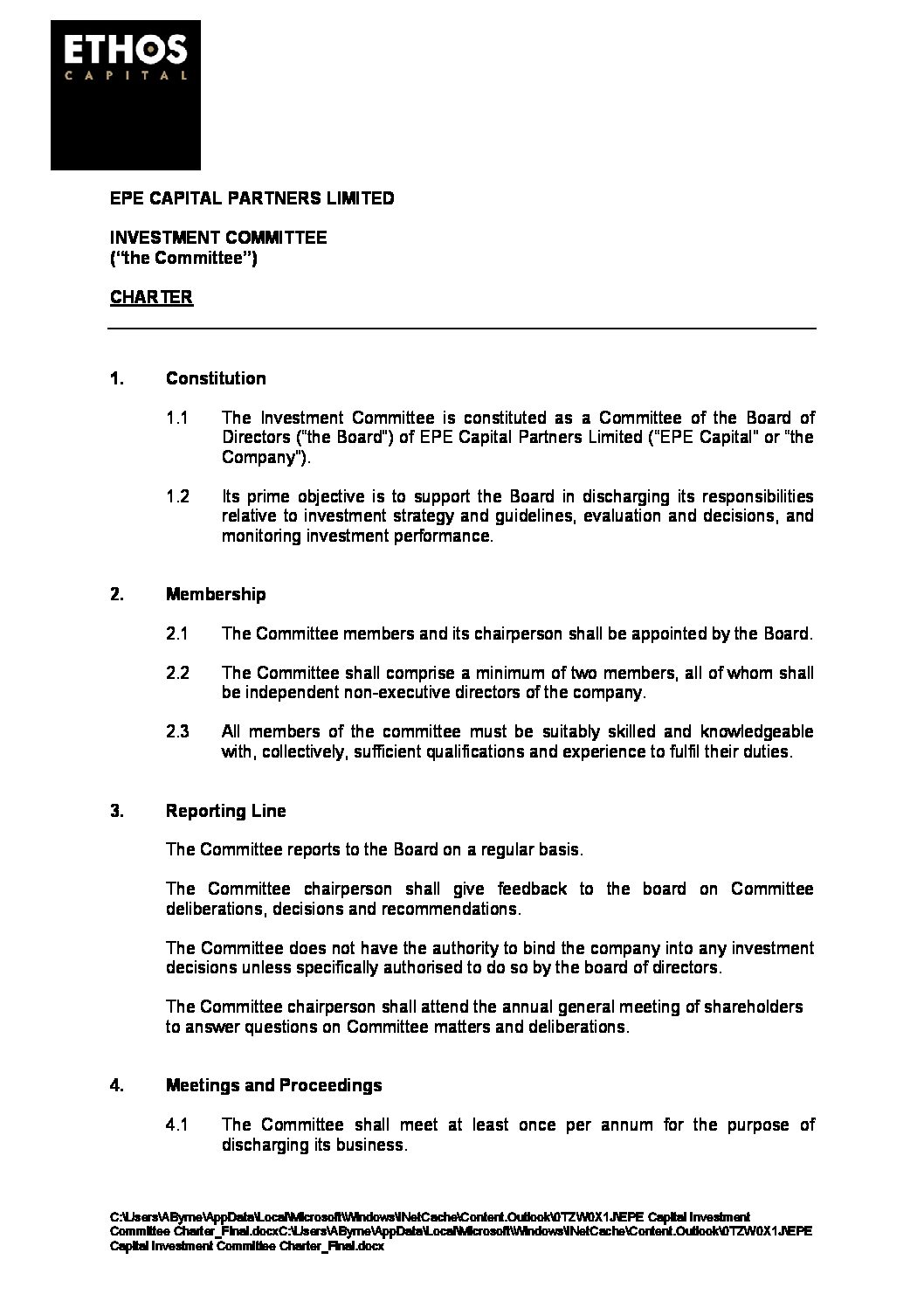 Ethos Capital Ethos Capital Investment Committee Charter